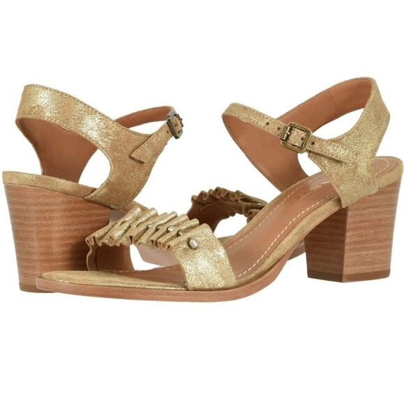 Trask Carrie Ruffled Beaded Metallic Gold Block Heel Sandals sz 9.5 - Picture 1 of 7